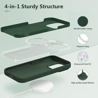 GONEZ for iPhone 15 Pro Max Case Silicone, Compatible with Magsafe, Camera Protector + Screen Protector, Soft Anti-Scratch Microfiber Lining, Liquid Silicone Shockproof Phone Cover, Dark Green