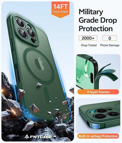FNTCASE for iPhone 16 Pro Case: [Compatible with Magsafe] Translucent Matte Cases with [Full Camera Protection] [Screen Protector] Military Grade Shockproof Protective Phone Cover - Green