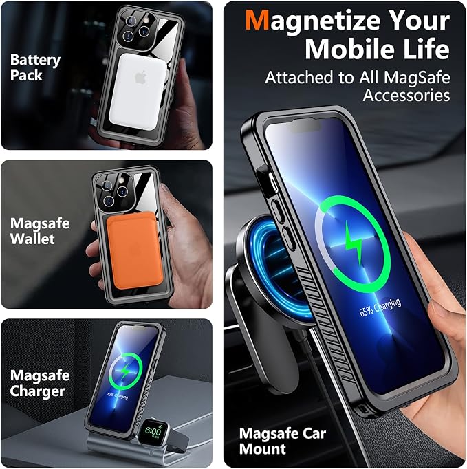 SPIDERCASE Magnetic for iPhone 13 Pro Max Case Waterproof,Built-in Screen & Camera Lens Protector[IP68 Underwater] [Military Grade Shockproof] Full Body Protection Phone Case,Black/Clear