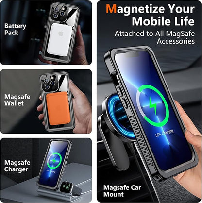 SPIDERCASE Magnetic for iPhone 13 Pro Max Case Waterproof,Built-in Screen & Camera Lens Protector[IP68 Underwater] [Military Grade Shockproof] Full Body Protection Phone Case,Black/Clear