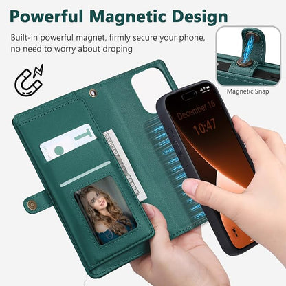 Wallet Case for iPhone 15 Pro with Card Holder/Crossbody Wallet/Strap| RFID Blocking | Magnetic | Kickstand | Detachable | PU Leather Phone Case for iPhone 15 Pro,6.1 in,Green