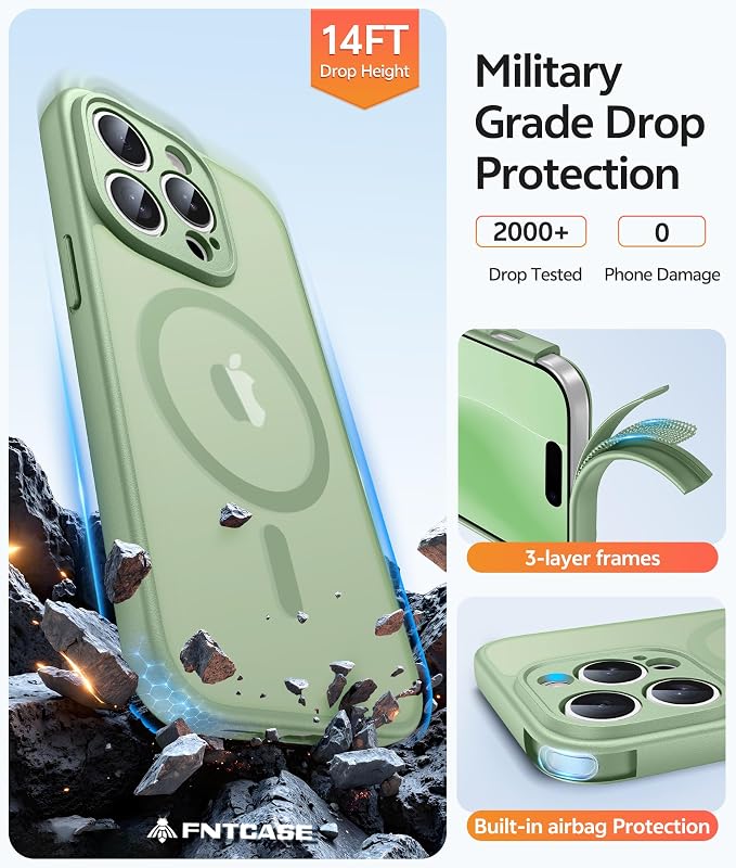 FNTCASE for iPhone 14 Pro Max Case: [Compatible with Magsafe] Translucent Matte Cases with [Full Camera Protection] [Screen Protector] Military Grade Shockproof Protective Phone Cover - Light Moss