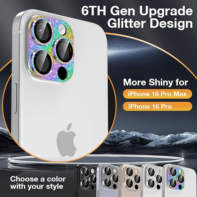 YWXTW for iPhone 16 Pro/iPhone 16 Pro Max Camera Lens Protector, [New Glitter Design] Full Bling Sparkly Diamond Tempered Glass Screen Protector Metal Camera Cover Accessories (Multi-Coloured)