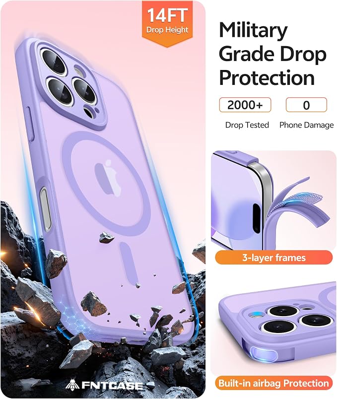 FNTCASE for iPhone 16 Pro Max Case: [Compatible with Magsafe] Translucent Matte Cases with [Full Camera Protection] [Screen Protector] Military Grade Shockproof Protective Phone Cover - Light Purple