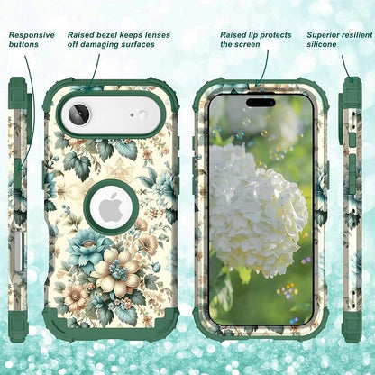 Hocase for iPhone Air Case 6.5", Heavy Duty Shockproof Protection Soft Silicone Rubber+Hard Plastic Bumpers Hybrid Protective Case for iPhone Air 2025 - Teal Blue Flowers