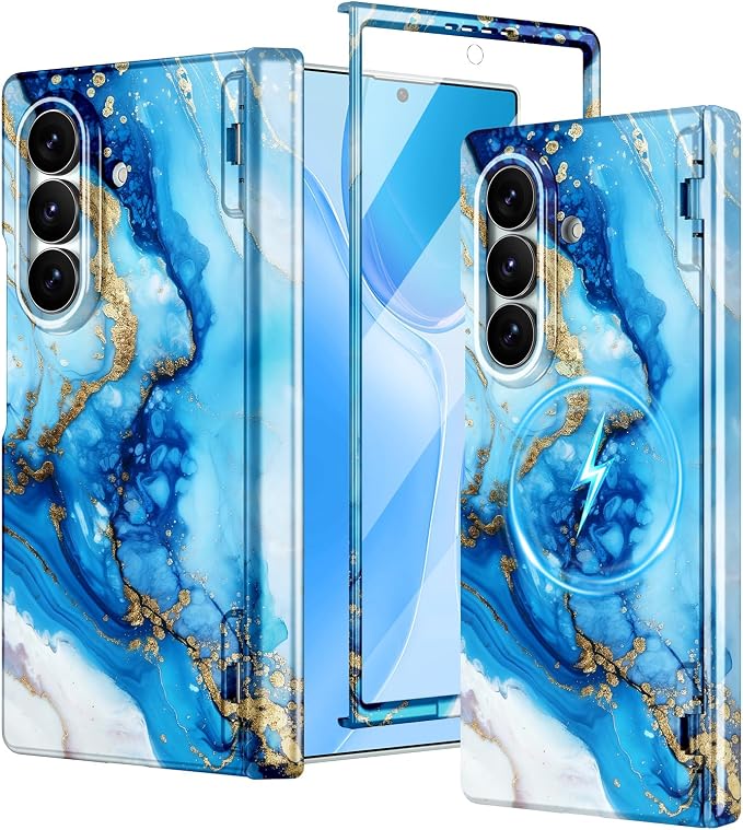 Btscase for Samsung Galaxy Z Fold 7 Case,Built in Front Screen Protector,Gold Glitter Marble Pattern Hard PC Slim Shockproof Full Body Drop Protective Case for Galaxy Z Fold 7 5G, Blue