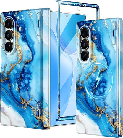 Btscase for Samsung Galaxy Z Fold 7 Case,Built in Front Screen Protector,Gold Glitter Marble Pattern Hard PC Slim Shockproof Full Body Drop Protective Case for Galaxy Z Fold 7 5G, Blue
