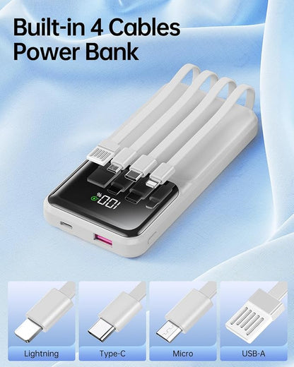 RONEGN Portable Charger with Built in Cable -20000mAh Fast Charging Power Bank USB C Slim 22.5W LED Display Battery Pack 5 Outputs & 3 Inputs for Travel Essentials iPhone Samsung Phones Grey