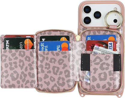 Crossbody Wallet Case for iPhone 17 Pro Max, PU Leather Zipper Handbag Purse Flip Cover, Kickstand Folio Case with Card Slots Holder Wrist Strap Lanyard 5G 6.9 Inch-Pink Leopard