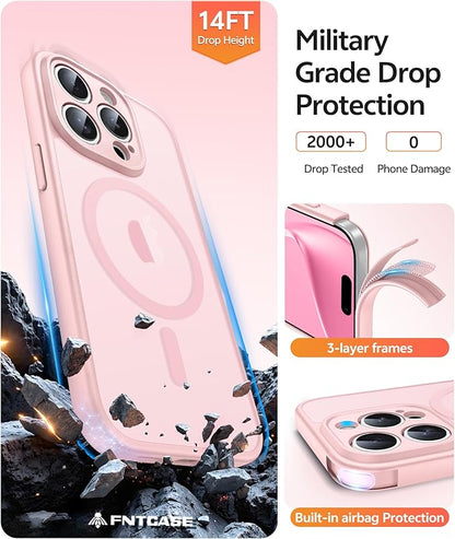 FNTCASE for iPhone 15 Pro Max Case: [Compatible with Magsafe] Translucent Matte Cases with [Full Camera Protection] [Screen Protector] Military Grade Shockproof Protective Phone Cover - Light Pink