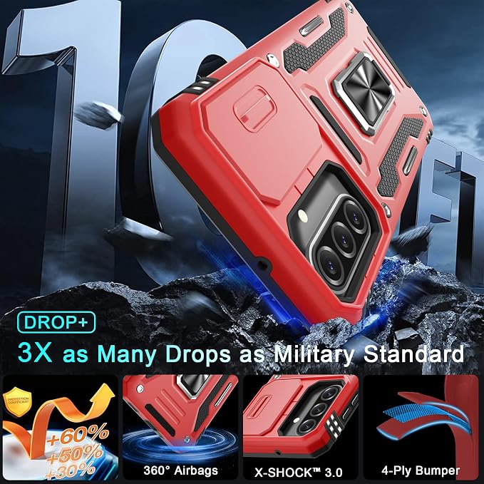 DEERLAMN Case for Samsung Galaxy A17 5G with Slide Camera Cover+Screen Protector (1 Pack), Rotated Ring Kickstand Military Grade Shockproof Protective Cover-Red