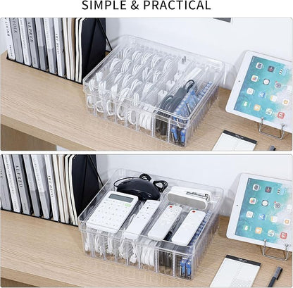 Large Cord Storage Box with Lid, Plastic Stackable Desk Drawer Organizer for Home Office Supplies, Phone Charger, USB Cable, Battery, Stationery, Art Crafts, Makeup, Pencil Holder