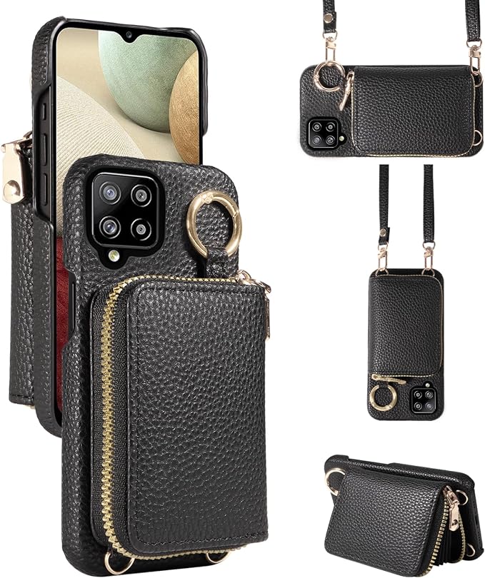 Wallet Case for Samsung Galaxy A22 4G 6.4 inch with Shoulder Strap Ring Buckle, PU Leather Zipper Organ Purse, Credit Card Holder Stand Phone Cover for M32 M22 F22 A 22 22A G4 Women Men Black