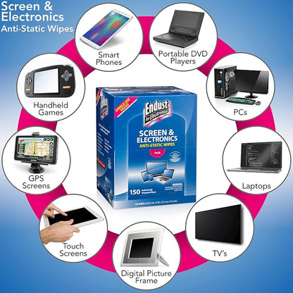 Endust for Electronics; Individually Wrapped, Portable, Anti-Static, Screen & Electronics Cleaning Wipes; 150 Count (14316)