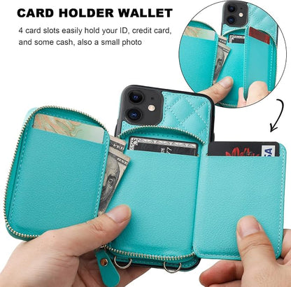 Bocasal Crossbody Wallet Case for iPhone 11, RFID Blocking PU Leather Zipper Handbag Purse Flip Cover, Kickstand Folio Case with Card Slots Holder Wrist Strap Lanyard 6.1 Inch (Mint Green)