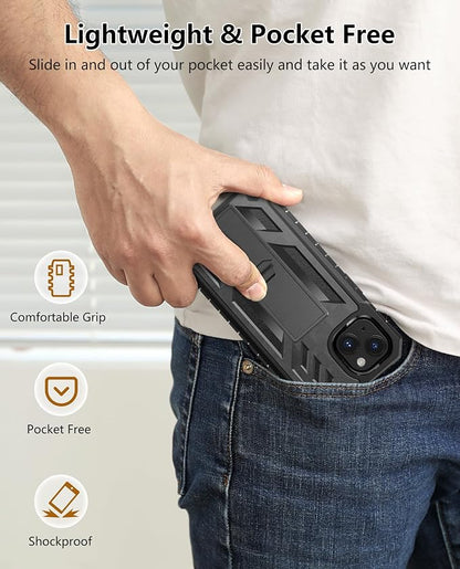 SOiOS for iPhone 13/14/15 Phone Case: for iPhone 16e Protective Cover with Built-in Kickstand | Heavy Duty Military Grade Hard Protection Shock Proof | Durable Dual-Layer Design Black