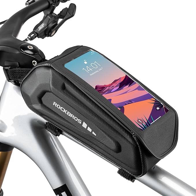 ROCKBROS Bike Phone Mount Racks & Bag, Oversized EVA Waterproof Bike Phone Holder Top Tube Front Frame Bag Bicycle Accessories Pouch for Phones Under 7.5” (Black-1.7L(Flip-top design))