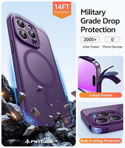 FNTCASE for iPhone 14 Pro Case: [Compatible with Magsafe] Translucent Matte Cases with [Full Camera Protection] [Screen Protector] Military Grade Shockproof Protective Phone Cover - Purple