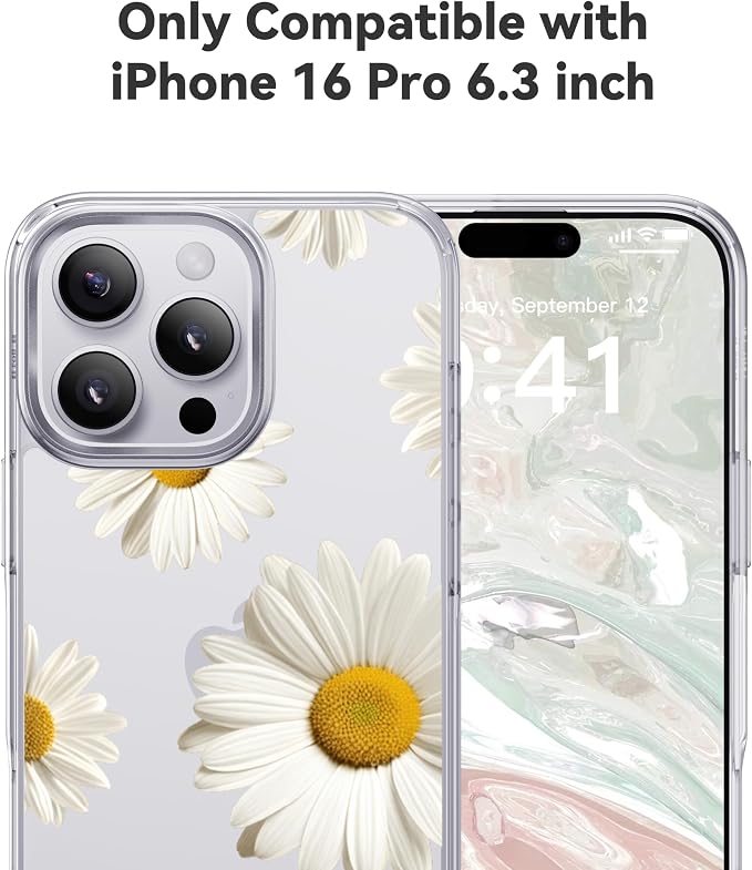 CASEKOO White Daisy for iPhone 16 Pro Case, [Never Yellow Technology] [12FT Military-Grade Protection] Transparent Slim Floral Cover Women Men 16 Pro Phone Case 6.3 inch, White Daisy