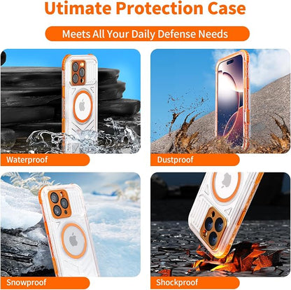 for iPhone 16 Pro Waterproof Case Compatible with MagSafe, IP68 Underwater Case Built-in Screen Protector, Slim Translucent 360° Full Body Protection, 12FT Military Grade, 6.3 Inch (Orange)
