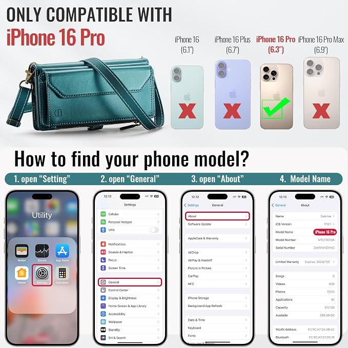 Strapurs Wallet Case Compatible with iPhone 16 Pro 6.3" RFID Blocking 10-Card Holder Soft PU Leather Magnetic Snap Shoulder Strap Zipper Pocket Phone Case Fit for iPhone 16 Pro for Women - Blue Green