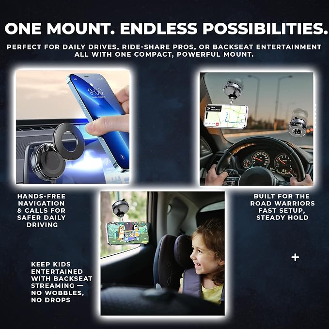 F&N Trading Inc F&N Magnetic Car Phone Mount with Suction Cup – 360° Adjustable Holder for Windshield, Dashboard, Rear Windows – Rideshare & Backseat Entertainment (White)