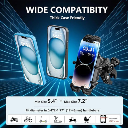 LOKTENWO Motorcycle Phone Mount with Vibration Dampener & High-Speed Secure Lock, Anti-Theft ATV Scooter Motorcycle Handlebar Phone Holder for 5.4” to 7.2” Smartphone