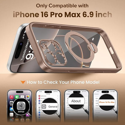 GolbinBox for iPhone 16 Pro Max Case with 360° Spin Magnetic Stand,[Compatible with Magsafe] [Military Protection][Built-in Ring Holder] Camera Control Phone Case for 16 Pro Max,Desert Titanium/Clear