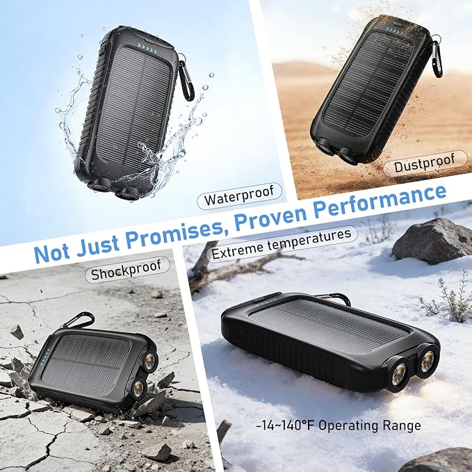 Solar Power Bank 20000mAh, Black Portable Charger with USB-C&USB-A Outputs, Emergency Backup Battery Pack, LED Flashlight, for iPhone Samsung Android – Solar for Emergency Only, Perfect for Camping