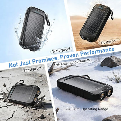 Solar Power Bank 20000mAh, Black Portable Charger with USB-C&USB-A Outputs, Emergency Backup Battery Pack, LED Flashlight, for iPhone Samsung Android – Solar for Emergency Only, Perfect for Camping