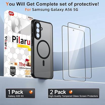 For Samsung Galaxy A56 5G Phone Case:A56 Case [Compatible with Magsafe] with 2PC Tempered Glass Screen Protector,Camera Bump Protection,Slim Frosted Translucent Soft-Touch for Galaxy A56,Matte black