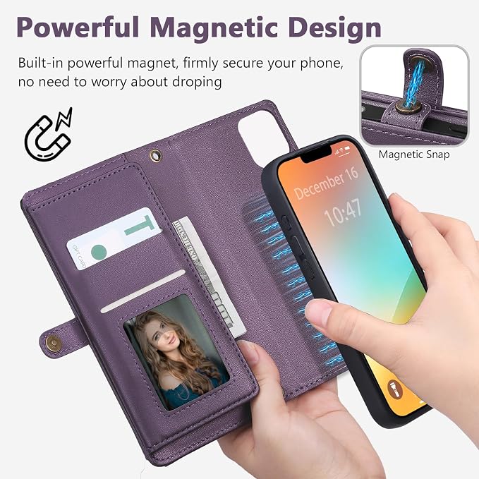 Wallet Case for iPhone 13 Pro with Card Holder/Crossbody Wallet/Strap| RFID Blocking | Magnetic | Kickstand | Detachable | PU Leather Phone Case for iPhone 13 Pro,6.1 in,Purple