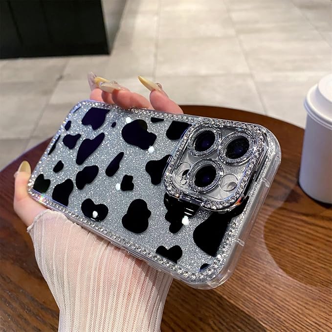 for iPhone 16 pro max Case Glitter Camera Lens Protector Phone Case for Women Girls Aesthetic Design TPU Shockproof Protective Case (Cow)