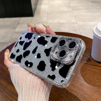 for iPhone 16 pro max Case Glitter Camera Lens Protector Phone Case for Women Girls Aesthetic Design TPU Shockproof Protective Case (Cow)