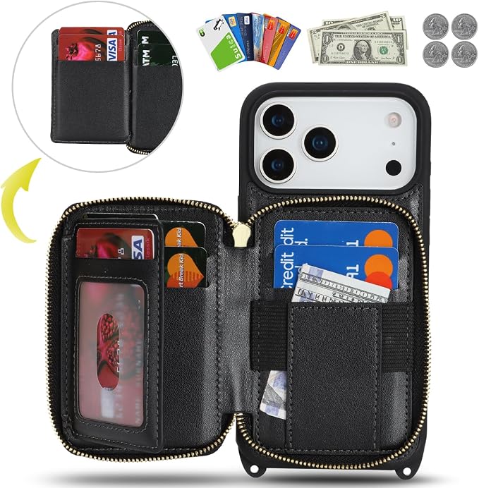 Crossbody Wallet Case for iPhone 17 Pro Max, PU Leather Zipper Handbag Purse Flip Cover, Kickstand Folio Case with Card Slots Holder Wrist Strap Lanyard 5G 6.9 Inch-Black