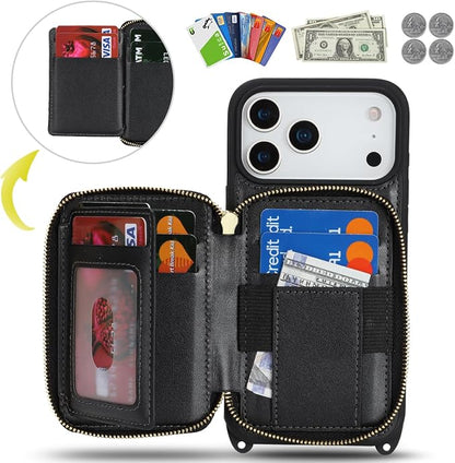Crossbody Wallet Case for iPhone 17 Pro Max, PU Leather Zipper Handbag Purse Flip Cover, Kickstand Folio Case with Card Slots Holder Wrist Strap Lanyard 5G 6.9 Inch-Black