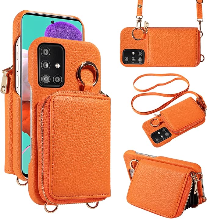 Wallet Case for Samsung Galaxy A51 5G/A 51 5G UW Verizon Shoulder Strap Ring Buckle PU Leather Zipper Flip Organ Purse Credit Card Holder Stand Full Body Cell Phone Cover for 51A G5 S51 Orange