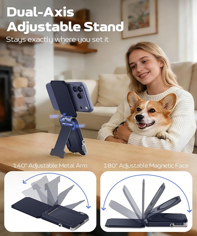 GolbinBox for MagSafe Wallet with Stand, Magnetic Phone Card Holder for Men, Holds 4 Cards with RFID Blocking, Slide-Open Metal Cover, Built-in Kickstand for iPhone 17/16/15/14/13/12 Series, Blue