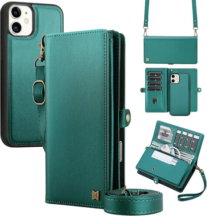 for Wallet Case Compatible with iPhone 11,Multi-Function Detachable 2 in 1 Magnetic iPhone 11 Wallet,Flip Strap Zipper Card Holder Phone Case with Shoulder Straps (Green)