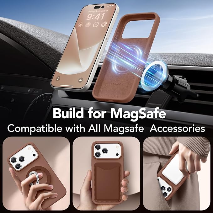 GONEZ Magnetic for iPhone 17 Pro Max Case, Compatible with MagSafe, [Screen Protector + Camera Lens Protector], Liquid Silicone Anti-Scratch Shockproof Protective Phone Case 6.9 inch, Brown