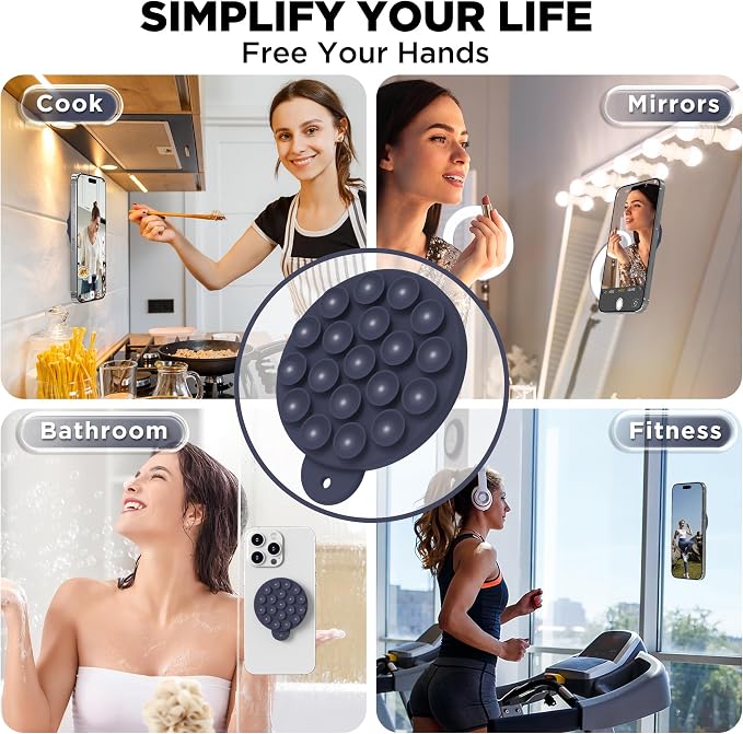 Magnetic Suction Cup Phone Mount with MagSafe, Silicone Hands-Free Grip Holder for iPhone Case and Android, Mirror Shower Phone Stand for Makeup FaceTime Gym Kitchen Bathroom, Midnight Blue