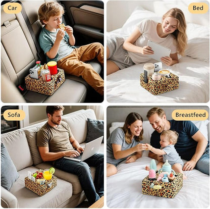 Luxspire Couch Cup Holder Tray, Couch Cup Holder Pillow with 4 Holes, Side Pocket and Handle, Couch Caddy Pillow for Phone/Drinks/Remote Control/Snacks, Leopard Print