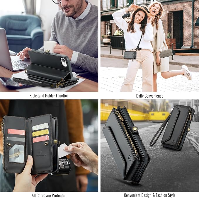 Strapurs Crossbody Wallet Case Compatible with iPhone 17e / iPhone 16e RFID Blocking 7-Card Holder PU Leather Magnetic Snap Shoulder Strap Zipper Pocket Phone Cases for iPhone 17e / 16e - Black