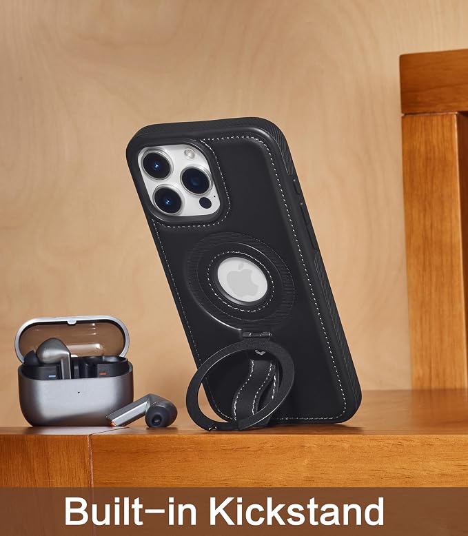 for iPhone 13 Pro Leather Case with Stand, Anti-Slip Grip Ring, Fits for MagSafe (Black, iPhone 13 Pro)