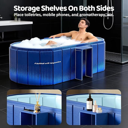 Portable Foldable Bathtub, Freestanding Bathtub No Installation, Bathroom SPA Soaking Bath Tub, Shower Stall Collapsible Hot & Ice Bath Tub (Blue with Storage Rack, 59"L x 21.6"W x 19.6"H)