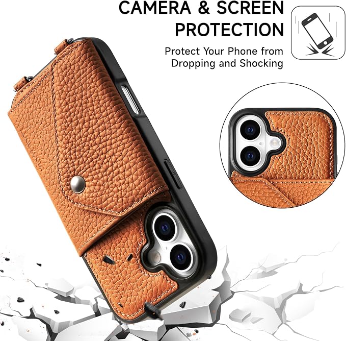 LUCKYCOIN for iPhone 17 Crossbody Wallet Case – Genuine Leather Phone Purse with Adjustable Strap and Card Holder,Lanyard Phone Purse Case for Women,Pebble Grain Brown