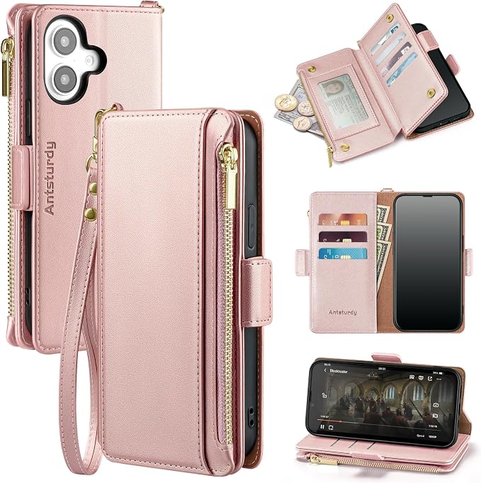 Antsturdy Compatible with iPhone 16 Plus Wallet Case,RFID Blocking PU Leather Phone Case Women Men Kickstand flip Cover Wrist Strap Zipper Credit Card Holder Slots for Apple 16 Plus 6.7",Rose Gold