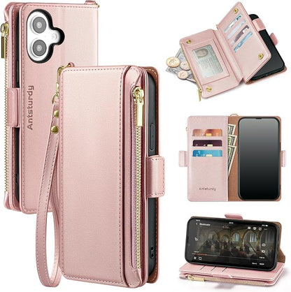 Antsturdy Compatible with iPhone 16 Plus Wallet Case,RFID Blocking PU Leather Phone Case Women Men Kickstand flip Cover Wrist Strap Zipper Credit Card Holder Slots for Apple 16 Plus 6.7",Rose Gold