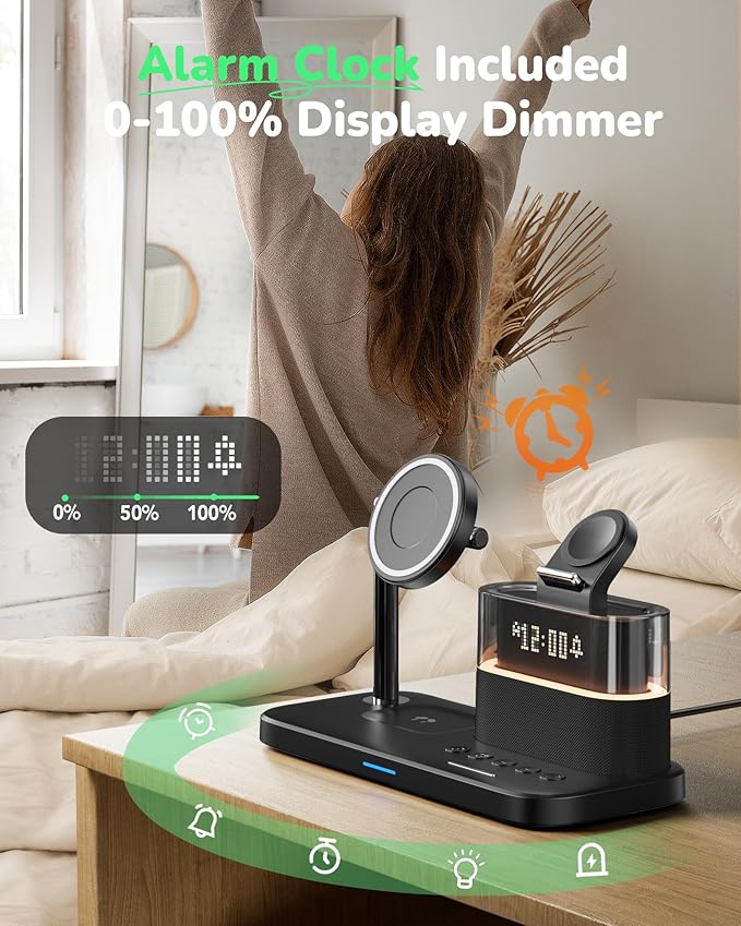 Compatible with Qi2 Certified Wireless Charging Station with Alarm Clock and Night Light,15W Fast 5 in 1 Mag-Safe Charger Stand for iPhone 16 15 14 13 12 Pro Max,Apple Watch,Air-Pods(Black)