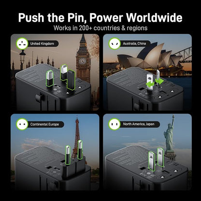 Epicka Pulse Duo 140W GoStand Universal Travel Adapter with Desktop Stand & Smart Display, International Power Adapter with 3.28ft Cable, 2 AC Outlets PD 3.1 PPS Compatible with MacBook, iPhone